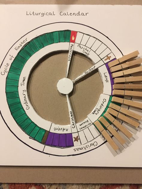 Idea for Liturgical Calendar- just paint the clothespins and arrange them around a cardboard cutout. Alternatively, use mini craft sticks Liturgical Calendar Craft, Godly Play Materials, Classroom Displays Ks2, Catechesis Of The Good Shepherd, Liturgical Calendar, Christian Calendar, Godly Play, Mother Mary Images, Calendar Craft