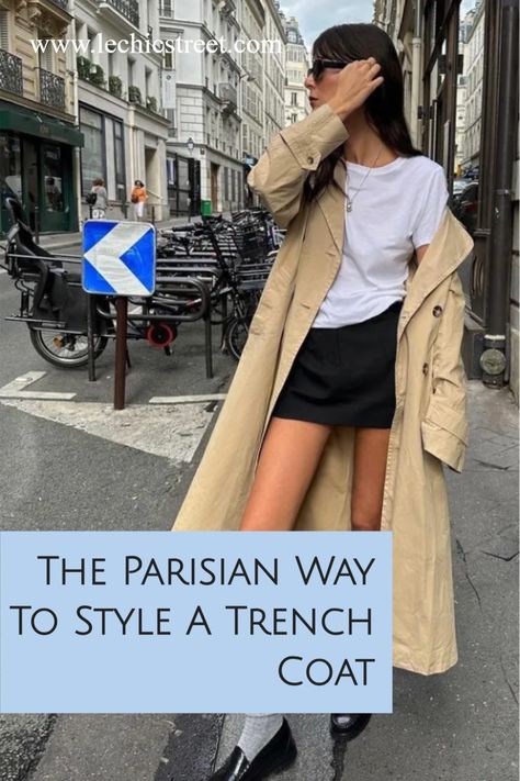 The Parisian Way To Style A Trench Coat.  The trench coat is the perfect trench jacket for spring fashion or fall fashion for the perfect parisian style. The timeless trench coat will never out of style and be part of capsule fashion wardrobe and french wardrobe. Perfect for spring outfits or fall outfits. The trench coat outfit works with spring outfit ideas or fall fashion outfits. Check out inspo for spring style or fall style. #trenchcoat #trenchcoatoutfit #trench #springfashion #fallfashion Trench Coat Summer Outfit, Summer Trench Coat Outfit, Trench Coat Outfit Summer, How To Style A Trench Coat, French Street Style Summer, Casual Trench Coat Outfit, Trench Coat Outfit Spring, Street Style Summer Casual, Capsule Fashion