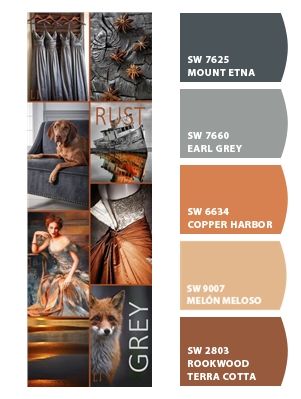 Orange Paint Colors, Copper And Grey, Bathroom Decor Ideas Themes, Pintura Exterior, Color Schemes Colour Palettes, Vanity Ideas, Grey Color Palette, Room Color Schemes, Organization Decor