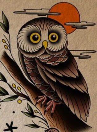 Trad Owl Tattoo, Traditional Owl Tattoo Design, American Traditional Owl Tattoo, Owl Traditional Tattoo, Old School Owl Tattoo, Traditional Owl Tattoo, Traditional Owl, Traditional Owl Tattoos, Barn Owl Tattoo