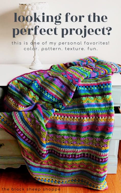 Looking for the perfect crochet project? This is one of my personal favorites! So fun! Bohemian Blanket Crochet Pattern, I Love This Yarn Blanket, Mexican Crochet Blanket Pattern, As We Go Stripey Blanket, Crochet Blanket Stripes Pattern, Hippy Crochet Blanket, Boho Crochet Patterns Blanket, Random Yarn Crochet Blanket, Sock Yarn Blanket Crochet