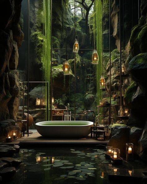 Jungle bathroom - Comforting Homes Jungle Bathroom, Jungle House, Wet Room, Fantasy House, Green Interiors, Green Bathroom, Forest House, Dream House Interior, Dream Bathroom