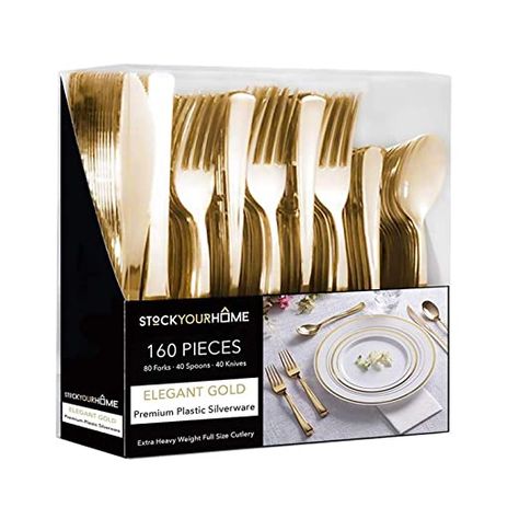 Amazon.com: Gold Plastic Cutlery Set 160 Pack Disposable Silverware - 80 Forks, 40 Knives, 40 Spoons - For Catering, Parties, Dinners, Weddings, and Everyday Use: Home & Kitchen Gold Plastic Silverware, Gold Fork, Disposable Utensils, Gold Cutlery Set, Disposable Cutlery, Plastic Silverware, Gold Spoon, Gold Cutlery, Plastic Utensils