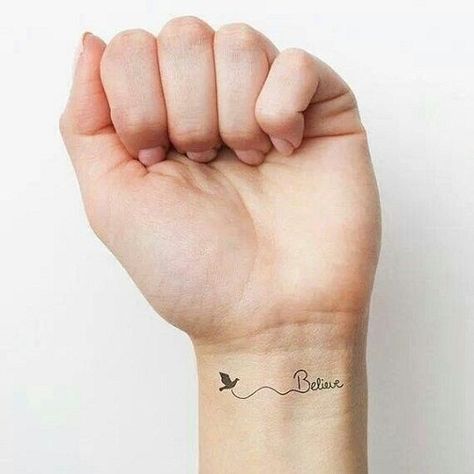 Believe With Dove Tattoos Small Dove Tattoos, A Small Tattoo, One Word Tattoo, Tattoo Son, Believe Tattoos, Meaningful Wrist Tattoos, One Word Tattoos, Dove Tattoos, Polynesian Tattoos