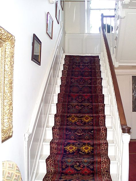 Nejad Rugs www.nejad.com Antique Persian Oriental runner installed on staircase in Bucks County PA historic estate. Stair Carpet Ideas, Carpet Diy, Staircase Runner, Carpet Ideas, Stair Carpet, Cheap Carpet Runners, Carpet Installation, Beige Carpet, Diy Carpet