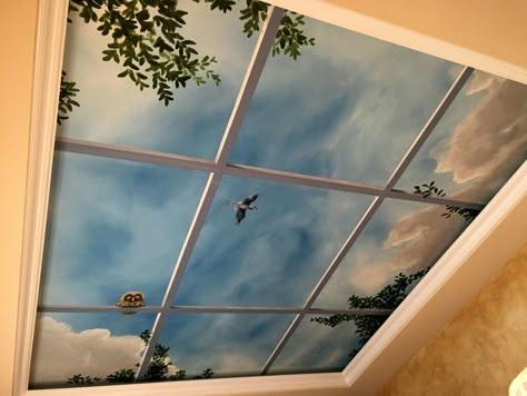 Ceiling Murals Painted, Slanted Ceiling Mural, Fantasy Ceiling, Painted Ceiling Ideas, Room Paint Designs, Simple Wall Paintings, Ceiling Mural, Sky Ceiling, Window Mural