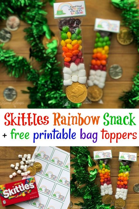 Rainbow Candy Treat + Printable Bag Topper! #Free #printable! https://www.mamacheaps.com/2019/03/rainbow-candy-treat-printable-bag-topper.html #diy #treat #rainbow #stpatricksday Diy Appreciation Gifts, Food School Lunch, Skittles Rainbow, Rainbow Snacks, Holiday Food Crafts, Class Treats, Snacks For Toddlers, Fourth Birthday Party, Kid Birthday Party Ideas