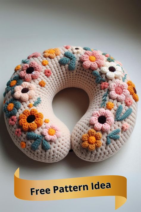 Learn how to crochet a comfortable and decorative flower-embellished neck pillow with this detailed guide and easy-to-follow instructions. Neck Pillow Crochet Pattern Free, Crochet Neck Pillow Free Pattern, Crochet Flower Pillow Pattern Free, Crochet Neck Pillow, Crochet Flower Pillow, Flower Pillow Pattern, Neck Pillow Pattern, Crochet A Flower, Crochet Flowers Free Pattern