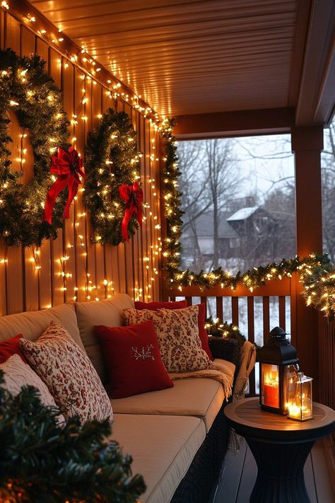 29 Christmas Decorations Apartment Ideas To Transform Your Space With Festive Charm - Courtneys World Apartment Christmas Balcony, Balcony Christmas Lights Ideas, Rv Christmas Decorations Outside, Christmas Deck Decor, Potted Evergreens, Christmas Balcony Ideas, Outdoor Living Porch, Waterproof Outdoor Rugs, Christmas Balcony