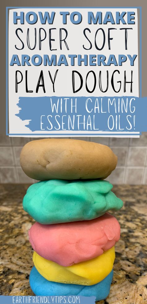 Picture of stack of homemade play dough with text overlay How to Make Super Soft Aromatherapy Play Dough With Calming Essential Oils Lavender Play Dough Recipe, Essential Oil Play Dough, Aromatherapy Playdough Recipe, Scented Play Dough Recipe, Essential Oil Playdough Recipe, How To Make Dough To Play With, Homemade Scented Playdough, Diy Sensory Dough, Therapy Dough Recipe