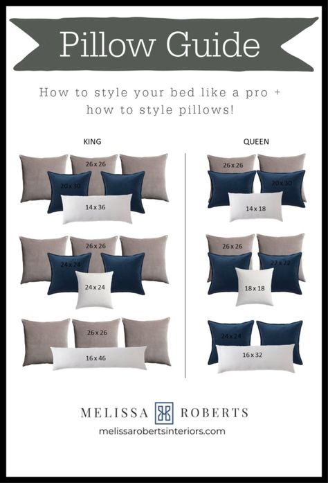 How to Style Your Bed Like a Pro - Melissa Roberts Interior | Design & Home Decor Blog What Size Throw Pillows For King Bed, Throw Pillow Sizes Chart, Guest Bedroom Throw Pillows, Pillow Guide, Bedroom Pillows Arrangement, Bed Pillow Arrangement, Pillow Measurements, Bedding Master, Pillow Sizes Chart