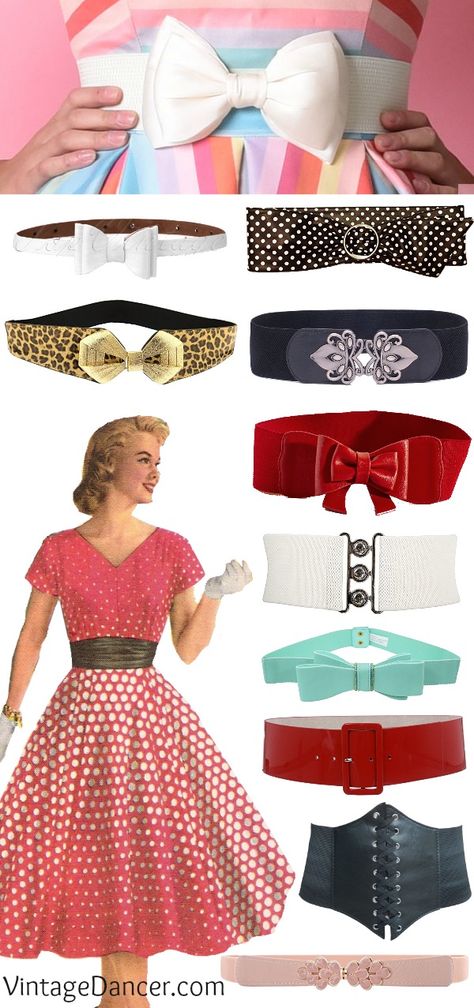 Vintage belts: wide belts, cinch belts, skinny belts, bow belts, pinup belts Retro Vintage Outfits 1950s, Belts On Dresses, 50's Outfits 1950s, Belts For Dresses, 1950s Accessories, 1940s Clothing, 50s Aesthetic, Belt For Dress, Belt Ideas