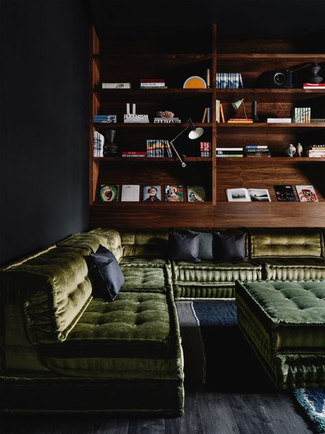 Melanie Raines designs "weird and funky" interiors for Austin residence Eames Coffee Table, Beautiful Pantry, Little Beach House, Timber Ceiling, Brown Leather Sofa, Austin Homes, Green Sofa, Timber Cladding, Open Living Room