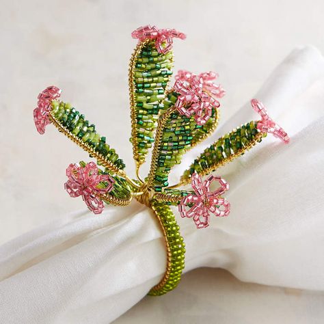 You won't prick your fingers on this Pier 1 Imports Blooming Cactus Beaded Napkin Ring. #ad #CommissionLink #napkinring #cactus Victorian Wreaths, Flower Bookey, Folding Napkins, Flower Film, Victorian Wreath, French Beading, Beaded Napkin Rings, Beaded Flowers Patterns, Blooming Cactus