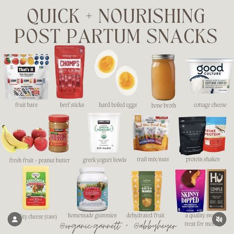 Labor Snacks Home Birth, Healthy Prenatal Meals, Post Partum Snacks To Make, Best Postpartum Foods, What To Eat Postpartum, Post Partum Snacks To Buy, Third Trimester Food, Postpartum Snack Basket, Postpartum Healing Foods