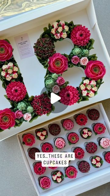 Custom Floral Cupcakes & Workshops on Instagram: "🌸 E I G H T E E N 🌸 Celebrated in cupcake form  Monogram cupcake box with matching mini’s, how adorable 🥰   DM for order enquiries (South Australia only) 🌸 Price list in highlights  #adelaidebaker #monogrambox #digitaldownload #digitaldownloads #boxletters #floralcupcakes #cupcakeboxes #buttercreamflorals #edibleart #cupcakebox #monogramboxes #monogramboxesforthewin #monogramboxesuk #monogramboxesau #monogramboxesus #buttercreamflowers #thecupcakefloristry #monogramcake #lettercakes #monogramcupcakes #boucakes #trendingcakes #reelsinstagram #monogramcake #monogramcupcakebox #cupcakeletters #lettercupcakes" 80 Cupcake Cake, 18th Birthday Cupcakes Ideas, Number Cupcakes, 30th Birthday Cupcakes, Sweet 16 Cupcakes, Monogram Cupcakes, Cupcake Flowers, Succulent Cupcakes, Monogram Box