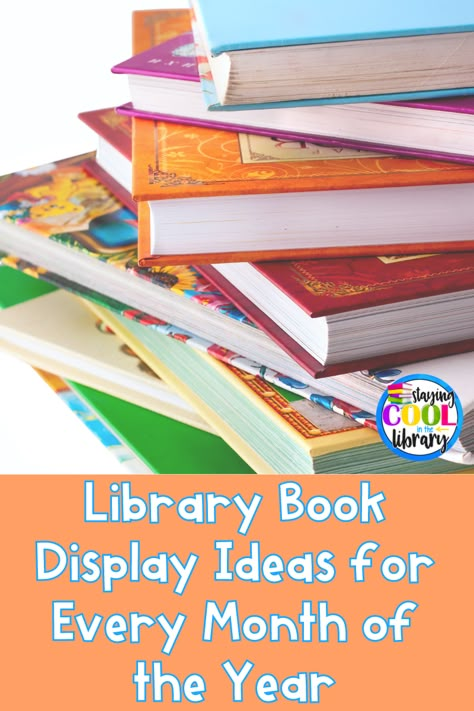 Library Book Display Ideas for Every Month of the Year Book Displays For Libraries, Middle School Monthly Library Themes, New Books In The Library Display, Decorate School Library, Book Of The Month Display, Librarian Ideas Activities, Homeschool Library Ideas, Library Community Engagement, School Library Monthly Themes