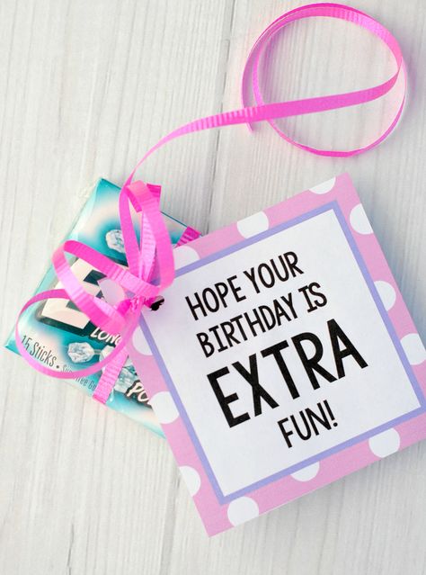 Extra Gum Birthday Tag Birthday Gifts Ideas For Women, Relief Society Birthday Gifts, Candy Bar Sayings, Relief Society Gifts, Gifts Ideas For Women, Relief Society Birthday, Extra Gum, Boss Birthday Gift, Easy Birthday Gifts