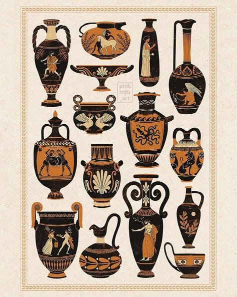 Ancient Vase, Traditional Vases, Ancient Greek Pottery, Handpoke Tattoo, Ancient Greek Art, Greek Pottery, Greek Vases, Greek Tattoos, Tanah Liat