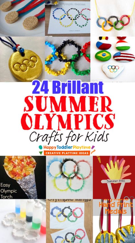 24 Brilliant Summer Olympic Crafts for Kids - Happy Toddler Playtime Fine Motor Olympics Activities, Olympic Quotes For Kids, Kids Olympic Activities, Olympic Crafts For Teens, Olympic Crafts For Toddlers, Olympic Stem Activities For Kids, Sport Themed Activities, Olympics Crafts For Kids, Olympic Medal Craft