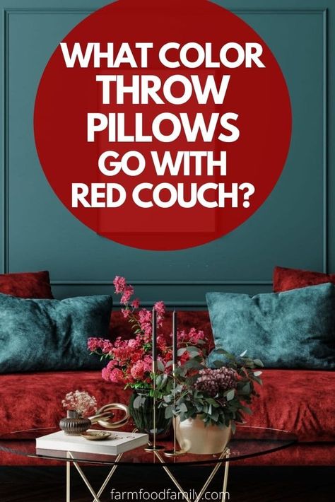 What Color Throw Pillows Go With Red Couch? (15 Ideas) Red Couch Throw Pillows, Red Sofa Throw Pillows, Styling A Red Couch, Pillows For Red Couch, Wall Color For Red Couch, Red Sofa Decorating Color Schemes, Red Pillows On Couch, Red Couches Living Room Decor, Red Furniture Living Room Ideas