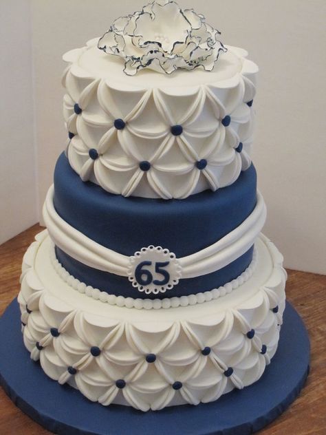 Blue And White Cake, Super Torte, 65th Wedding Anniversary, White Fondant, Blue And White Wedding, Fondant Cake Designs, Wedding Anniversary Cakes, 65th Anniversary, Tiered Cake