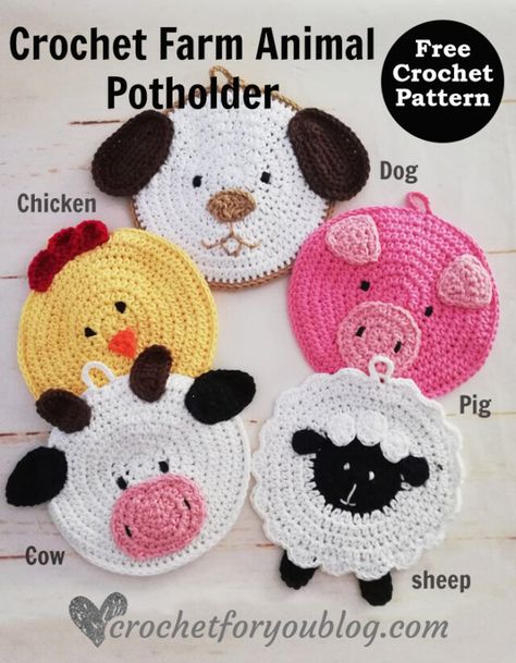 Crochet Puppy Dog Potholder Free Pattern - Crochet For You Crochet Cow Potholder Hot Pads, Animal Coaster Crochet Pattern Free, Cute Crochet Potholders Free Pattern, Crocheted Potholders Patterns, Crochet Cow Face Pattern Free, Crochet Pot Holders Free, Pig Applique Pattern Free, Crochet Pig Coasters Free Pattern, Crochet Cow Potholder Free Pattern