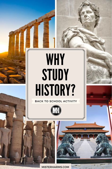 Are you looking for an engaging back to school activity for your students? Start the year off right with this no-prep history lesson that will get your students excited about world history. In addition to the discussion slides and teacher notes, you will receive a few lesson ideas, reinforcement activity, and a quiz template for additional assessment. And all of the files are editable! #FirstDayofSchool #BacktoSchool #WorldHistory #History #ClassroomActivities #MiddleSchool #HighSchool Why Study History, Quiz Template, World History Classroom, Why Study, School Highschool, History Lesson Plans, Back To School Activity, High School Social Studies, Critical Thinking Activities