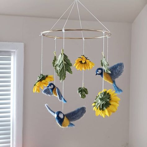 Sunflower Mobile, Plant Mobile Nursery, Daisy Mobile, Wildflower Mobile Nursery, Flower Mobile Nursery, Diy Bird Mobile Nursery, Titmouse Bird, Sunflower Nursery, Mobile Girl