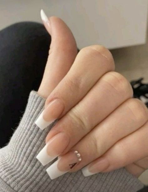 French Nail Tips Acrylics, Nails With Initials D, Long Acrylic Nails With Initials, Nails With Initials Acrylic Letter A, Acrylic Nails With Initials, Nails With Letters Initials, Nails With Letters, Nails With Initials, Acrylic French Tip