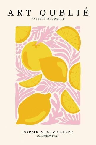 size: 18x12in Art Print: Pink Leaves and Lemons by Incado : Lemon Wall Art, Lemon Illustration Design, Lemon Graphic, Ice Cream Art, Lemon Art, Pink Lemon, Lemon Print, Pink Leaves, Funky Design