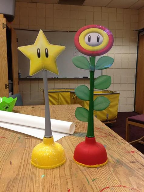 How 'bout trophies for a Mario Kart Tournament? These hand-made #plunger trophies were made by Pitt-Greensburg CA, Eugene Olaiya #reslife #mariokart Super Mario Room, Mario Kart Party, Mario Bros Birthday Party Ideas, Mario Crafts, Super Mario Bros Birthday Party, Super Mario Bros Party, Video Games Birthday Party, Mario Bros Birthday, Mario Bros Party