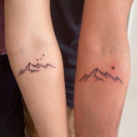 Mountain Tattoo Ideas Simple, 4 Mountain Tattoo, Four Mountains Tattoo, Good Starter Tattoos, Mountain Tattoo With Trees Simple, Small Mountain Tattoos For Women Forearm, Pretty Mountain Tattoos, Mother Daughter Mountain Tattoos, Cringe Matching Tattoos