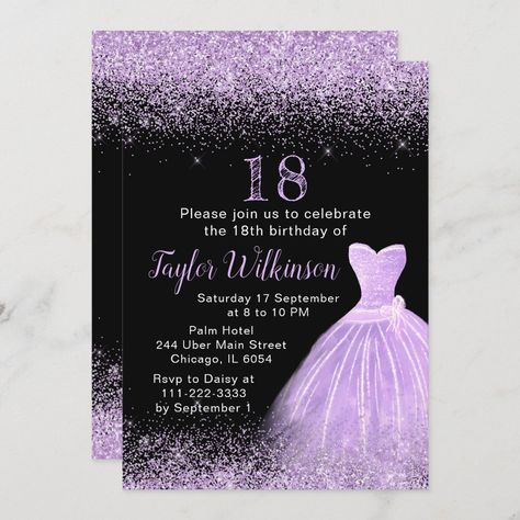 Light Purple Dress Faux Glitter Birthday Party Inv Invitation Glitter Sweet 16, Dark Purple Dress, Glitter Birthday Party, Dark Purple Dresses, Debut Invitation, Rose Pink Dress, Glitter Birthday Parties, Light Purple Dress, Purple Invitations