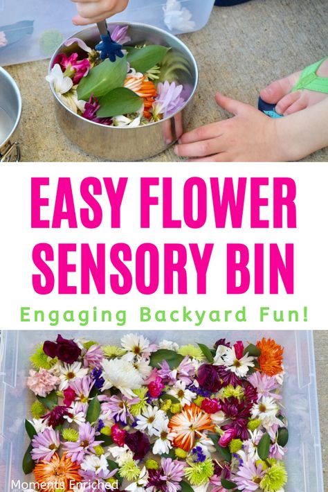 Looking for an easy outdoor activity for the littles? Check out this simple and engaging flower sensory bin! Click through to see the entire activity. #toddleractivity #sensorybin #easyactivity Flower Sensory Bin, Flower Sensory, Flower Activities For Kids, Toddler Fine Motor Activities, Plant Activities, Sweet Husband, Darkest Days, Yellow Door, Plant Crafts