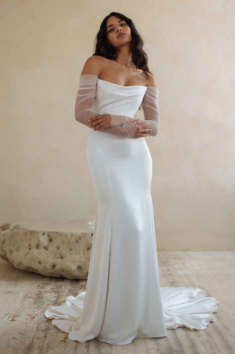 Wedding Dresses Mock Neck, Simple Wedding Dress With Detachable Sleeves, Jenny Yoo Olivia, Mesh Overlay Wedding Dress, Dramatic Classic Wedding Dress Kibbe, Simple Wedding Dress With Long Train, Wedding Dress With Fun Sleeves, Timeless Wedding Look, Simple A Line Wedding Dress With Sleeves