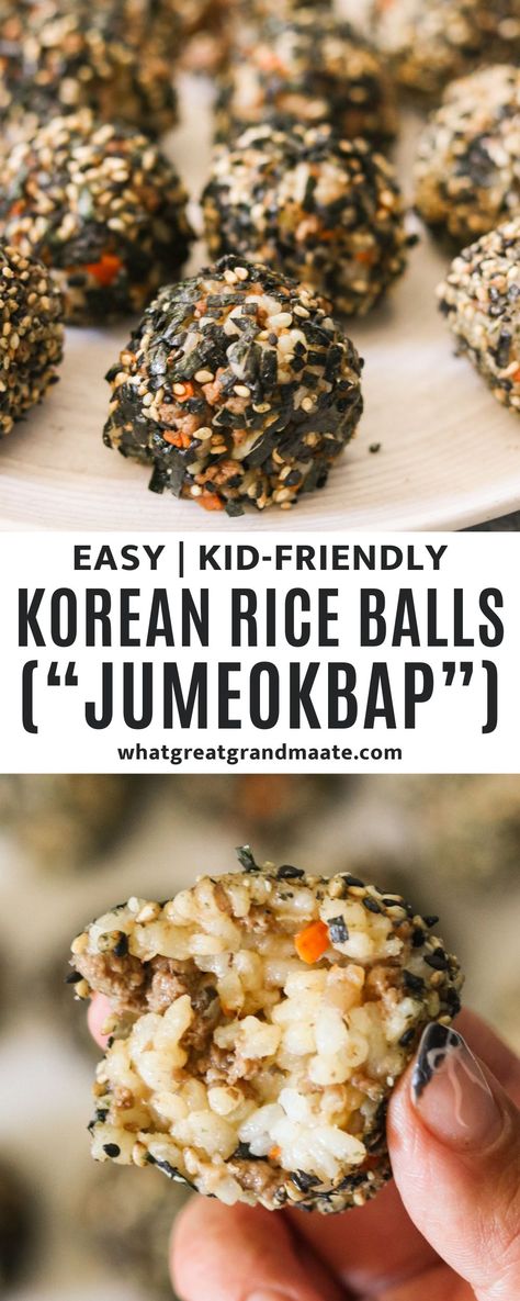 These Korean Rice Balls (Jumeokbap) feature sticky rice balls stuffed with ground bulgogi beef and vegetables, then coated in furikake seasoning. An easy, customizable, and quick snack that the whole family will love! Jumeokbap Recipe, Rice Balls Recipe Easy, Gluten Free Ground Beef Recipes, Korean Rice Balls, Sweet Rice Balls, Sticky Rice Balls, Gluten Free Dairy Free Dinner, Japenese Food, Beef And Vegetables