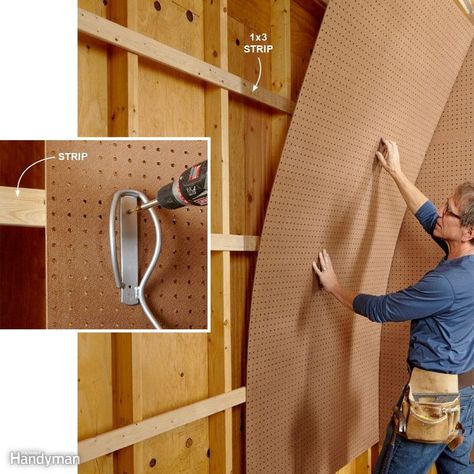 How to Mount Pegboard Walls Hang Pegboard, Ceiling Storage Rack, Pegboard Garage, Pegboard Ideas, Casa Hobbit, Pegboard Storage, Garage Organization Tips, Garage Organizing, Metal Pegboard