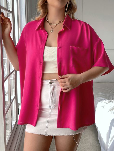 Pink Polo Outfit Woman, Half Shirt Outfits Women, Pink Polo Shirt Outfit Woman, Pink Outfit Plus Size, Hot Pink Top Outfit, Light Pink Shirt Outfit, Half Sleeve Shirt Women, Pink Blouse Outfit, Hot Pink Shirt Outfit