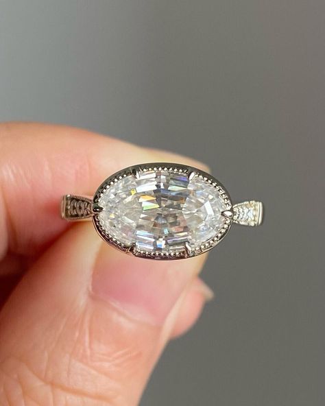 East To West Oval Step Cut Moissanite Bezel Set Engagement Ring Anniversary Gift Moissanite Engagement Ring Vintage, Oval Moissanite Engagement Ring, Bezel Set Engagement Ring, Engagement Ring Art Deco, Moissanite Engagement Ring Oval, Bezel Set Ring, Ring Bezel, Engagement Ring Vintage, Oval Moissanite