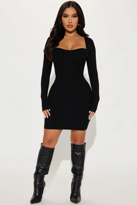 Sweater Dress Outfit With Boots, Janet Guzman Fashion Nova, Black Sweater Dress Outfit, Mexican Style Dresses, Female References, Spring Ootd, Sweater Mini Dress, Mexican Fashion, Janet Guzman