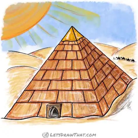 Learn how to draw a pyramid with a simple step by step tutorial. First, you will learn how to construct the 3D pyramid shape, then how to overlay a nice stone pattern to finish with a perfect Egyptian-style pyramid. Egyptian Pyramids Art, How To Draw Pyramids, How To Draw A Pyramid, Pyramids Egypt Drawing, Egyptian Pyramids Drawing, Pyramids Of Giza Drawing, Pyramid Of Giza Drawing, Pyramid Sketch, Pyramids Drawing