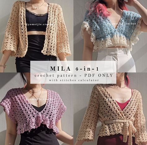 NO-SEW crochet pattern | MILA 4-in-1 pattern | crochet top / crochet tee / crochet dress / crochet cardigan / crochet peplum - yumeijie's Ko-fi Shop - Ko-fi ❤️ Where creators get support from fans through donations, memberships, shop sales and more! The original 'Buy Me a Coffee' Page. Crochet Peplum, Crochet Tee, Cardigan Crochet, Crochet Clothing, Crochet Summer, Sport Weight Yarn, Dress Crochet, Short Sleeve Cardigan, Work Tops