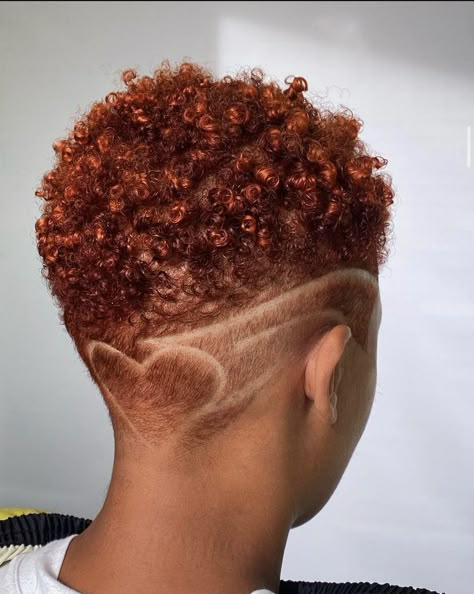 Black Women With Short Colored Hair, Hair Color Short Hair Black Women, Woman Tapered Haircut, Dyed Fade Haircut Black Women, Short Natural Hairstyles For Black Women With Designs, Female Tapered Fade, Copper Tapered Natural Hair, Bald Hair Dye Designs Black Women, Ginger Haircut Black Women