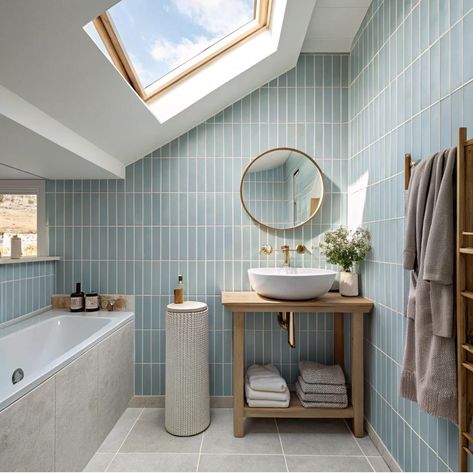 A cozy bathroom with light blue vertical tiles and a skylight that illuminates the space. Features include a wooden vanity with a white vessel sink, a round gold-framed mirror, and a bathtub with concrete-style paneling. A woven basket stands next to the vanity, and towels are neatly folded on the lower shelf. The wooden towel rack holds two gray robes. Cozy Bathtub, Bathroom With Skylight, Round Gold Mirror, Cozy Bathroom, Victorian Bathroom, Blue Tile, Wood Vanity, Blue Tiles, Gold Mirror