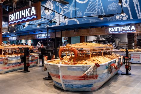 Interior photoshoots of "Silpo" supermarkets, 2019 on Behance Seafood Market Design, Meat Display, Seafood Store, Supermarket Design Interior, Food Counter, Seafood Shop, Seafood House, Hotel Ads, Grocery Store Design