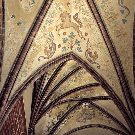 Unicorn - Malbork Castle, Poland Unicorn on the ceiling of the World Heritage Site Malbork Castle (Marienburg), former stronghold of the Teutonic Knights, Poland. Medieval Castle Aesthetic, Olgierd Von Everec, Arched Ceiling, Mythic Creatures, Teutonic Knights, Malbork Castle, Castle Medieval, Castle Decor, Medieval Aesthetic