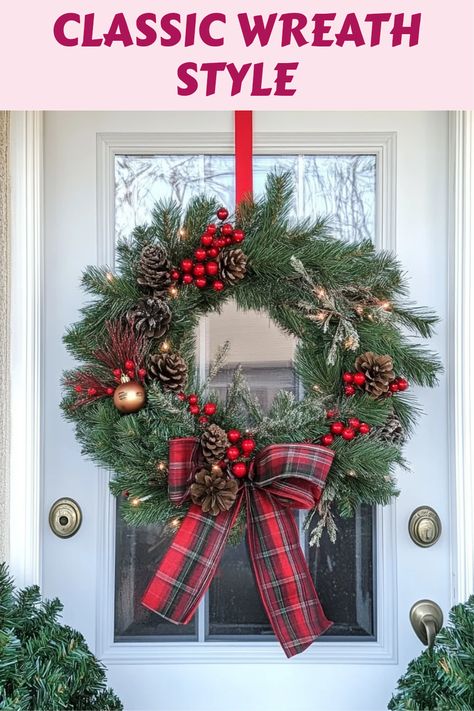 A stunning traditional Christmas wreath displayed on a front door, showcasing festive holiday elements like pinecones, berries, and ribbons. This pin features creative styling tips for making a beautiful holiday entrance. Traditional Christmas Wreath, Classic Wreath, Front Door Styles, Entryway Style, Material Wreaths, Evergreen Wreath, Traditional Christmas, Christmas Decor Ideas, Classic Christmas