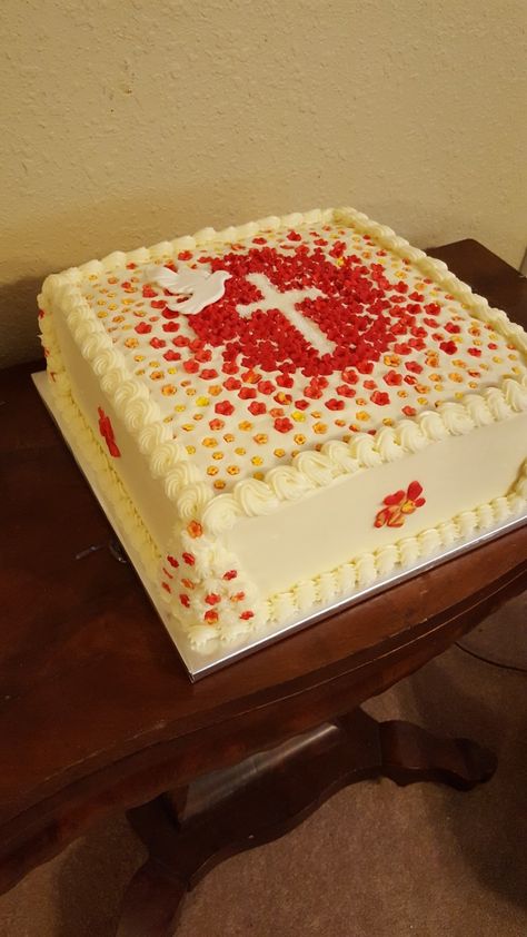 Pentecost Cake Ideas, Confirmation Cakes Catholic, Confirmation Cake Ideas, Confirmation Desserts, Confirmation Decor, Fire Cake, Confirmation Cake, Olaf Cake, Catholic Confirmation