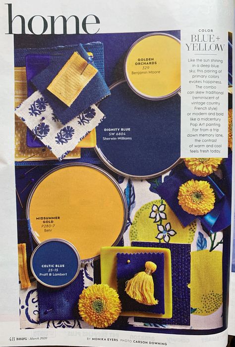 Better Homes and Gardens - March 2020 - Blue + Yellow Bedroom Ideas Yellow And Blue, Blue And Yellow Walls, Navy Yellow Bedroom, Yellow And Blue Kitchen Ideas, Navy Blue And Yellow Kitchen, Liminal Bathroom, Blue And Yellow Bathroom Ideas, Navy Blue And Yellow Bedroom, Navy And Yellow Bedroom